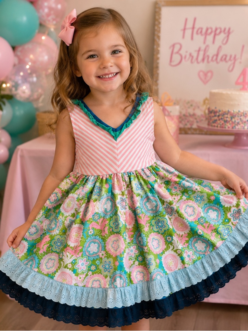 Matilda Jane Pink, Green, blue cake walk Floral eyelet lace chevron twirl Dress